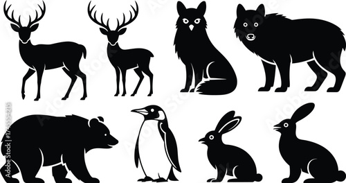 Black animal silhouettes vector collection deer wolf
