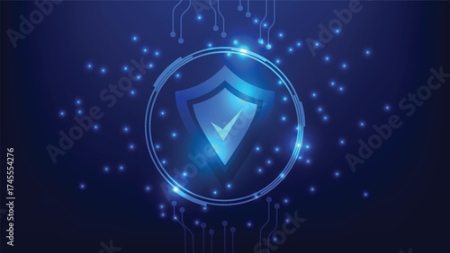 cyber security and approved safety. futuristic check mark sigh with shield on blue background