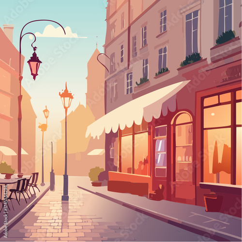 Parisian street cafe scene with cobblestone road