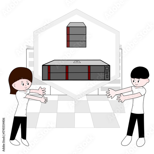 Assembly and Configuring System in Data Center
technicians working in a modern Internet Data Center, monitoring server racks and network equipment in a high-tech environment, representing data manage
