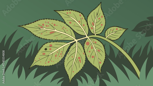Leaf affected by fungal infection isolated on a green greenery background.  Signs of plant blight and powdery mildew visible on the surface.