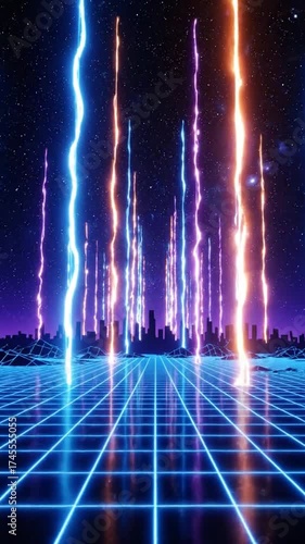 ネオン都市の風景と光の線と輝く星空