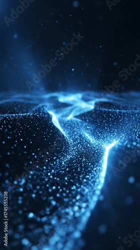 暗い背景に青い輝く粒子の抽象的な風景