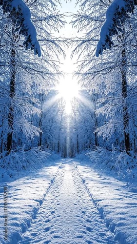 雪で覆われた木々の間の太陽光線の冬の風景