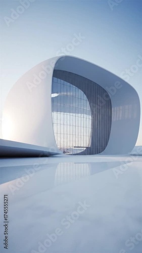 白い未来的な建物 青い空と白い反射面