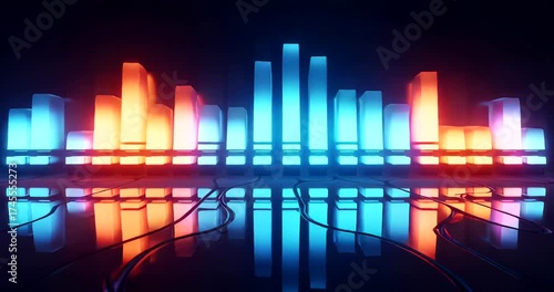Vibrant sound wave visualization with neon bars reflecting in darkness