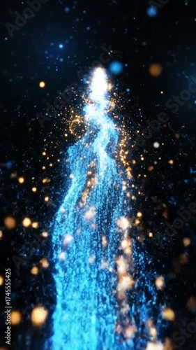 青い光沢のある粒子が黒い背景に昇る軌跡