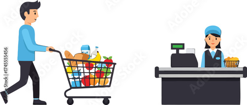 A smiling customer pushes a fully loaded shopping cart towards the fri