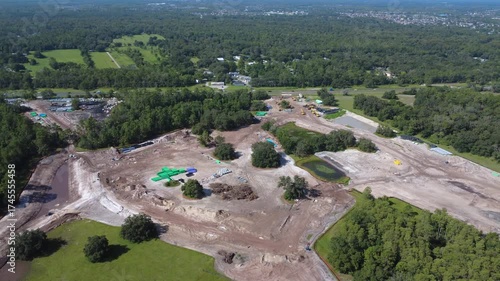 Aerial drone view of new home development and site grading in Orlando, Florida (Orange County)