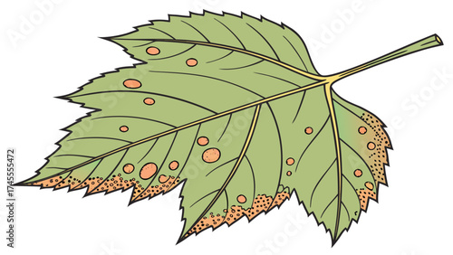 Leaf affected by fungal infection isolated on a white greenery background.  Signs of plant blight and powdery mildew visible on the surface.