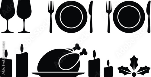 Festive dining elements vector silhouette celebration