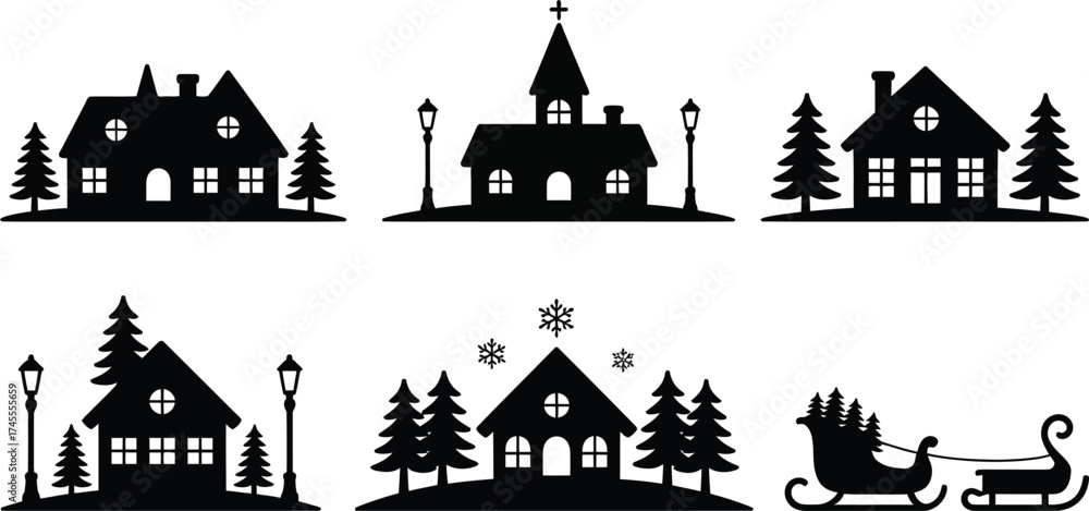 Fototapeta premium Winter village scene with houses trees and sleigh pine trees