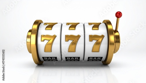 Slot machine jackpot with golden 777 in casino vibes on white background, Generated with AI.