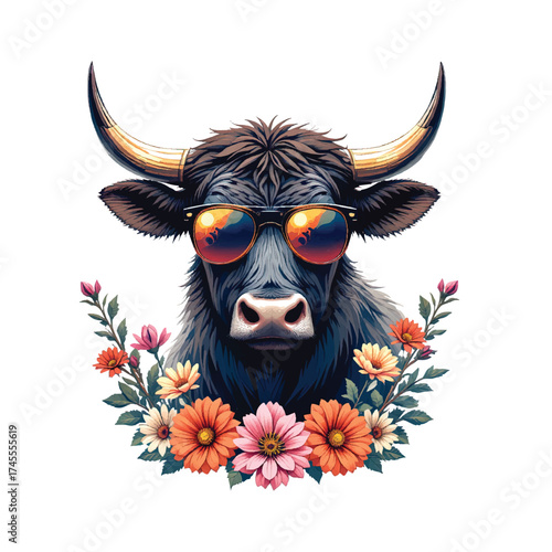 Vector of cool bull head wearing mirrored sunglasses, framed by a colorful spring flower wreath, perfect for apparel and stylish art.