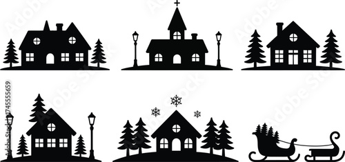 Winter village scene with houses trees and sleigh pine trees