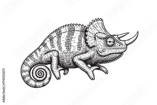 Intricate vector of a Jackson's chameleon, ideal for exotic animal and nature designs.