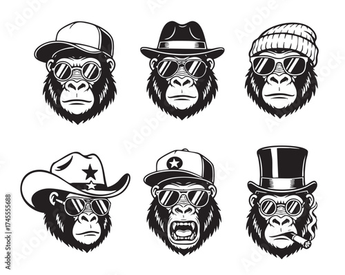 Stylized gorilla heads wearing diverse hats, sunglasses, and accessories, creating distinct, cool, and edgy characters.