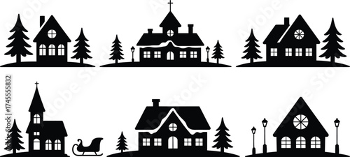 Winter village scene vector silhouette