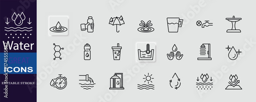 A collection of editable stroke water icons, featuring drops, taps, cycles, and activities related to water use and conservation. Perfect for eco, utility, and infographic design.