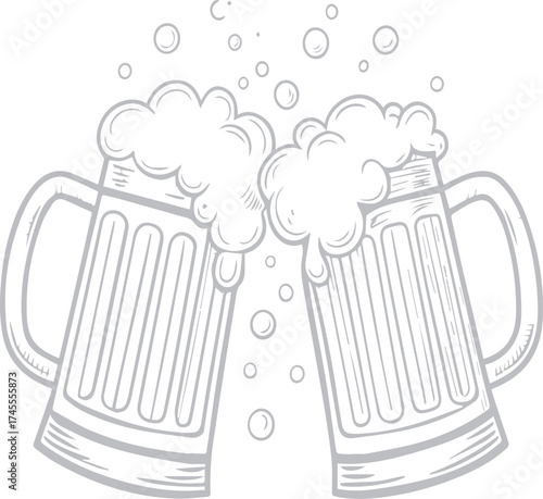 Illustration of two beer mugs toasting in black and white