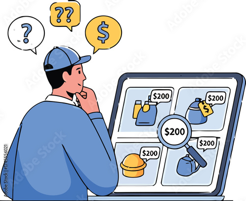 A thoughtful shopper evaluates product prices on a laptop screen for o