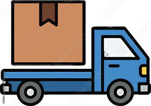 A blue delivery truck transports a large brown cardboard box; symboliz
