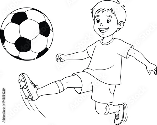Child kicking soccer ball, black and white sports sketch, cartoon football motion, joyful play vector, athletic action drawing, outline art