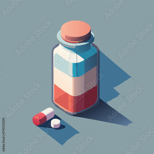 Colorful pill bottle and capsules with shadows