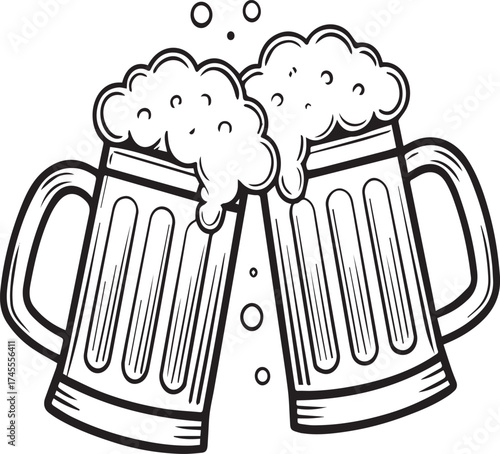 Two beer mugs toasting with foam and bubbles black and white