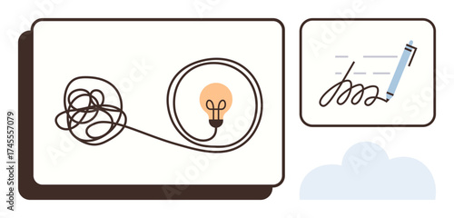Tangled line transforms into a glowing lightbulb symbolizing ideas, innovation, and problem-solving, alongside handwriting for self-expression. Ideal for creativity, inspiration, planning