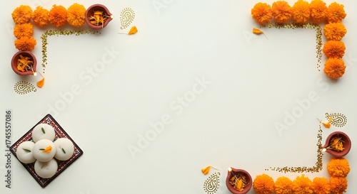 A decorative border made of vibrant orange marigold flowers and scattered rice grains on a plain white background, framing a central empty space, perfect for festive invitations or greetings