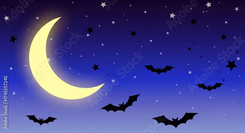Bats silhouetted against a crescent moon in a starry night sky.