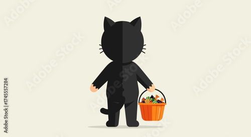 Black Cat TrickorTreating with a Basket of Goodies.
