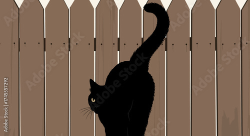 Black cat silhouette with arched back and tail up.