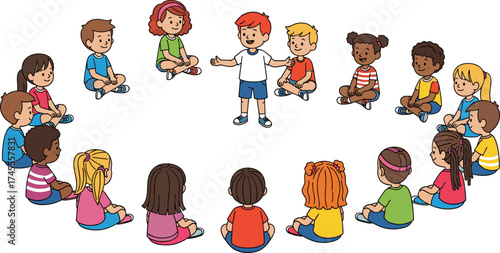 Children sitting in circle, classroom group activity, cartoon social interaction sketch, storytelling session vector, early education illustration concept