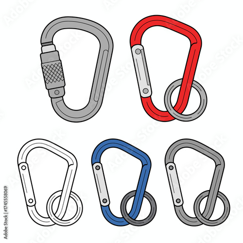 Set of Colorful Carabiners for Climbing and Outdoor Activities Vector Illustration on White Background Isolated Climbing Equipment Collection