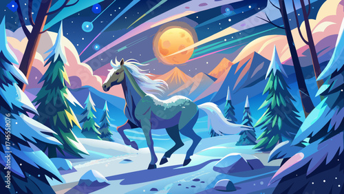 Christmas horse running through snowy forest under northern lights, magical winter scene full of energy and glowing atmosphere.