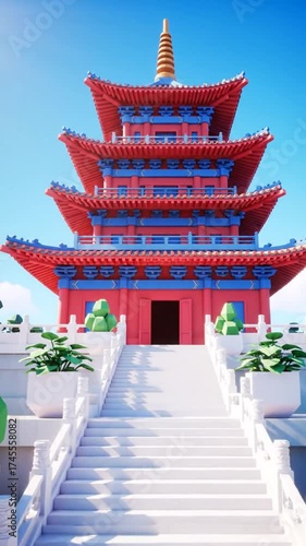 晴れた日の赤い塔と白い階段の風景