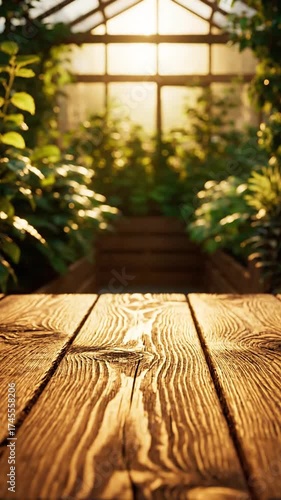 木製テーブルと温室の植物の背景に暖かい光