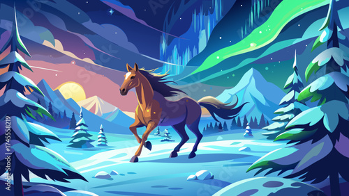 Christmas horse running through snowy forest under northern lights, magical winter scene full of energy and glowing atmosphere.