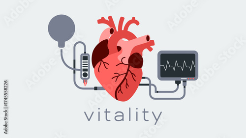 Human heart with medical equipment for monitoring vitality and health analysis diagnostic tools for cardiovascular system and heart disease management vital organ health vector illustration