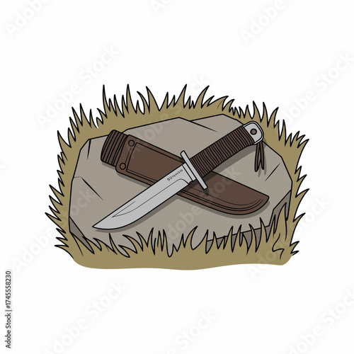 Hunting knife on a rock with grass illustration showcasing wilderness equipment and survival tools for outdoor adventures and camping expeditions