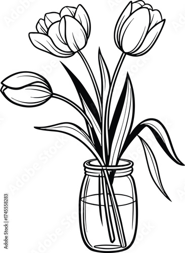 “Three Beautiful Tulips in Mason Jar Coloring Page, Elegant Floral Line Art for Kids and Adults”