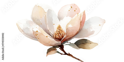 A delicate watercolor painting of a single, blooming magnolia flower with soft pink and white petals, isolated on a transparent background.