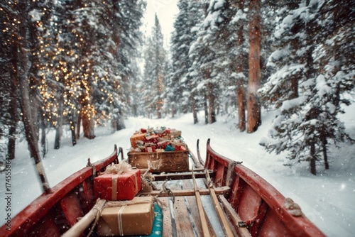 Wallpaper Mural A sleigh loaded with colorful gifts travels down a snowy forest path lined with illuminated pine trees during winter. Torontodigital.ca