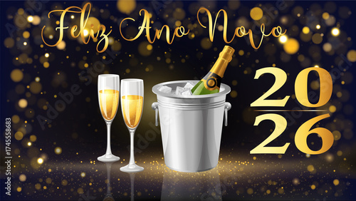cartão ou banner para desejar um feliz ano novo 2026 em dourado com uma garrafa de champanhe num balde e duas taças sobre um fundo preto com círculos em efeito bokeh