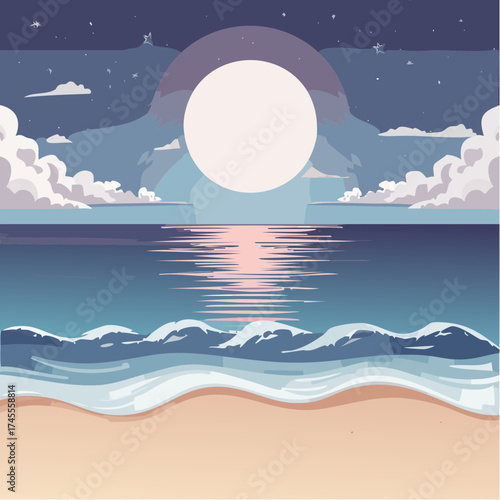 Night beach scene with full moon and calm water