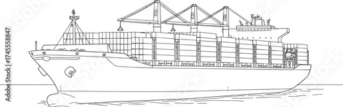 Container ship line drawing, cargo vessel illustration, maritime logistics vector, ocean freight transport, engineering sketch, international trade concept