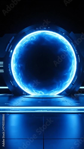青い発光球体 未来的な金属構造の床