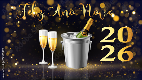 cartão ou banner para desejar um feliz ano novo 2026 em dourado com uma garrafa de champanhe num balde e duas taças sobre um fundo preto com círculos em efeito bokeh